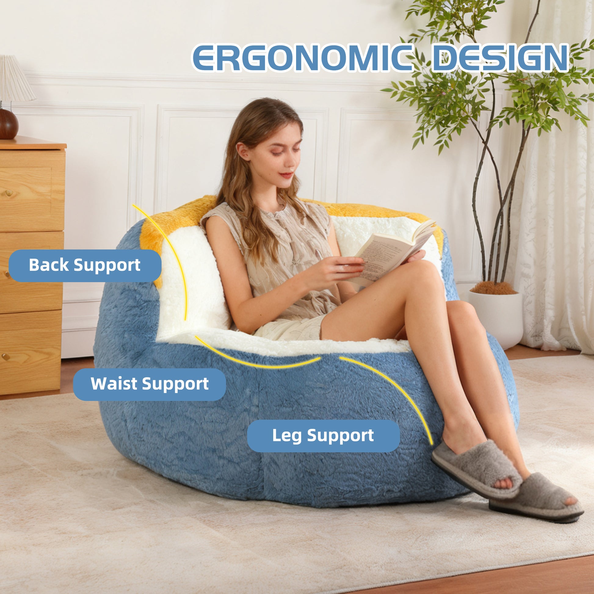 Oversized Bean Bag Chairs,Multicolor Faux Fur Couch Filled with Shredded Sponge,Large Lounger Sofa For Living Room,No Assembly Required, Blue+White+Yellow image 6
