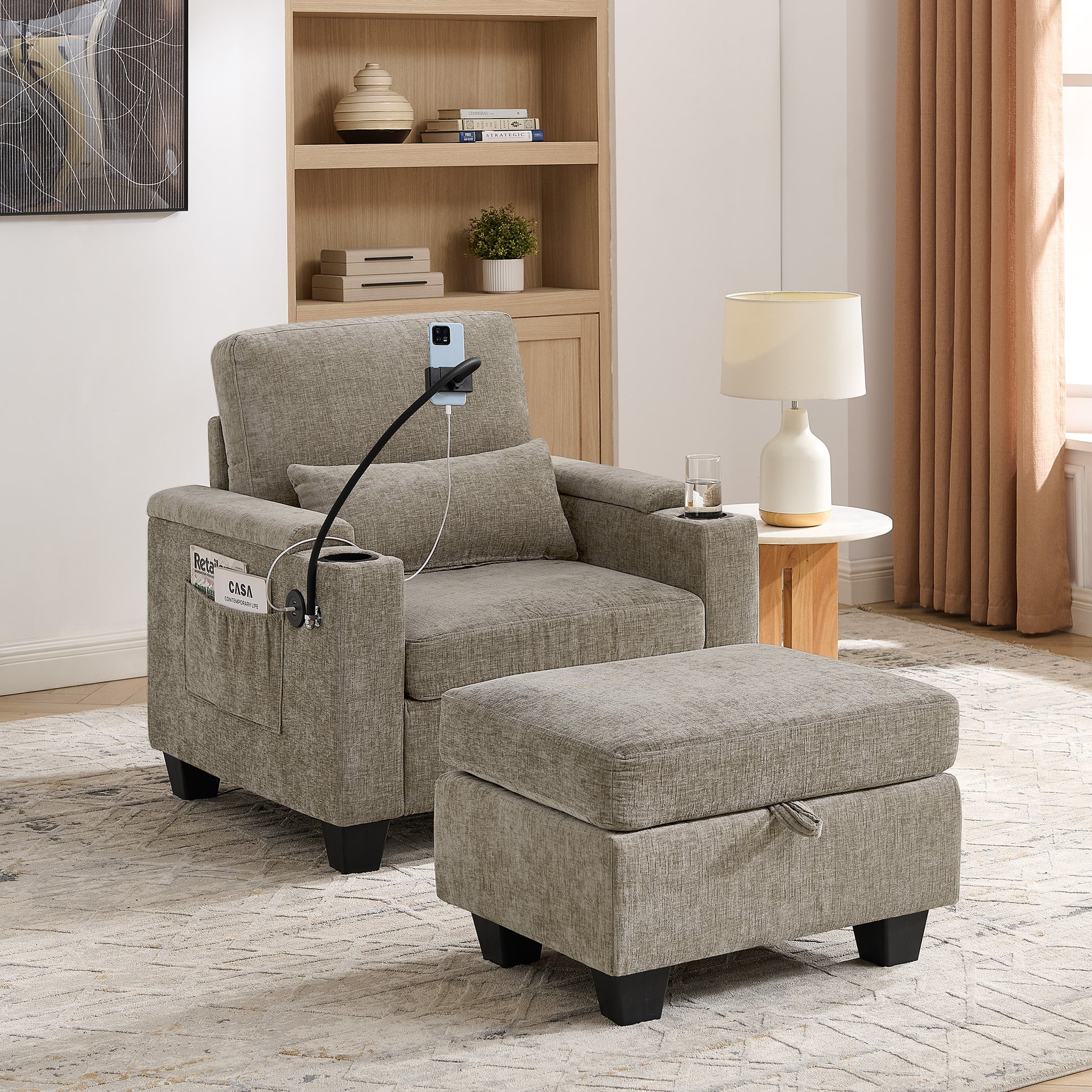 Single sofa recliner with manually adjustable backrest, USB charging port on the armrest side, phone stand included, hidden armrest storage, and a matching storage ottoman-Brown image 1