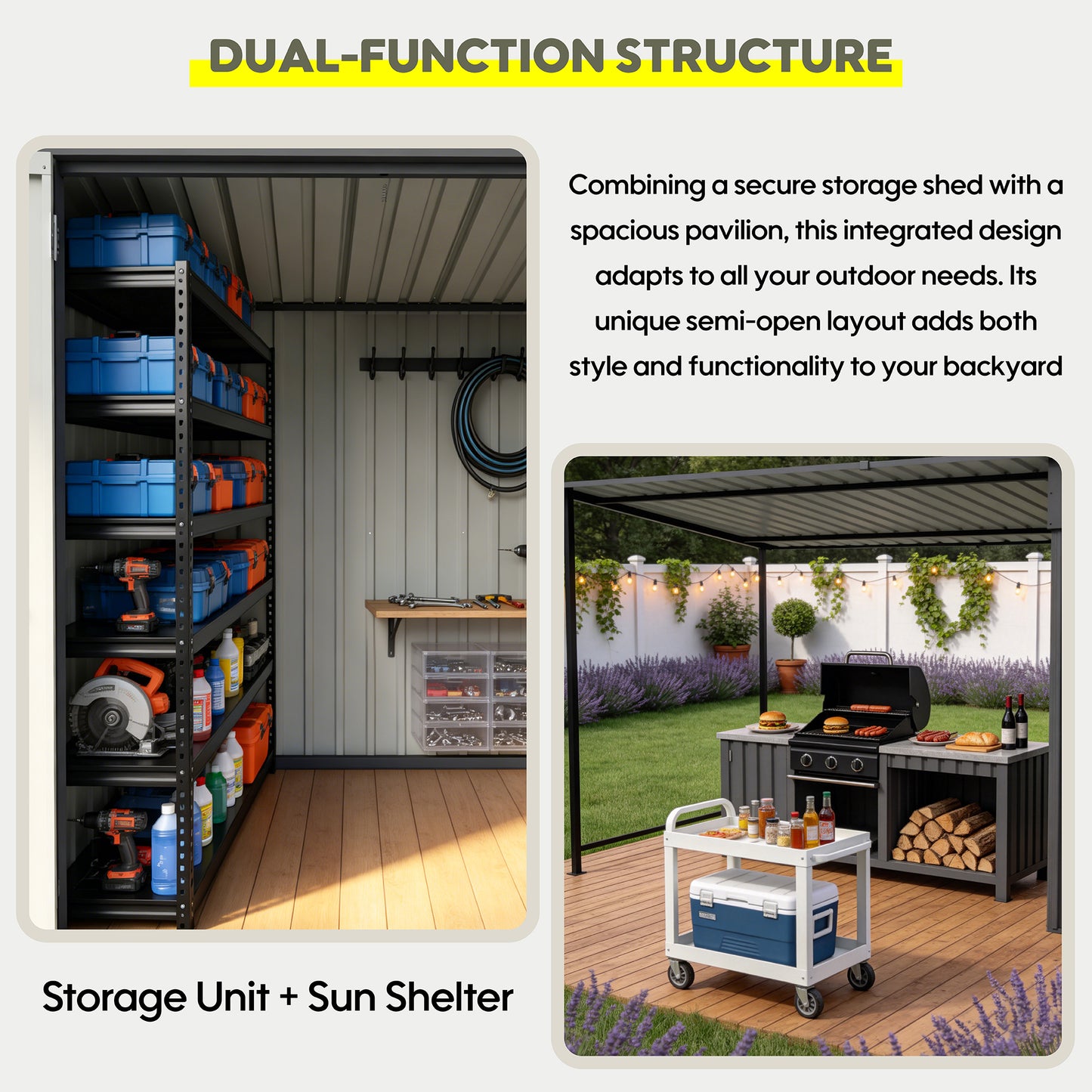 12x4 FT Metal Lean-To Shed with Pergola, 6x4 FT Outdoor Storage Shed & Hardtop Gazebo Combo, 2-in-1 Garden Tool Shed with Open Side for Patio, Backyard, Deck image 6