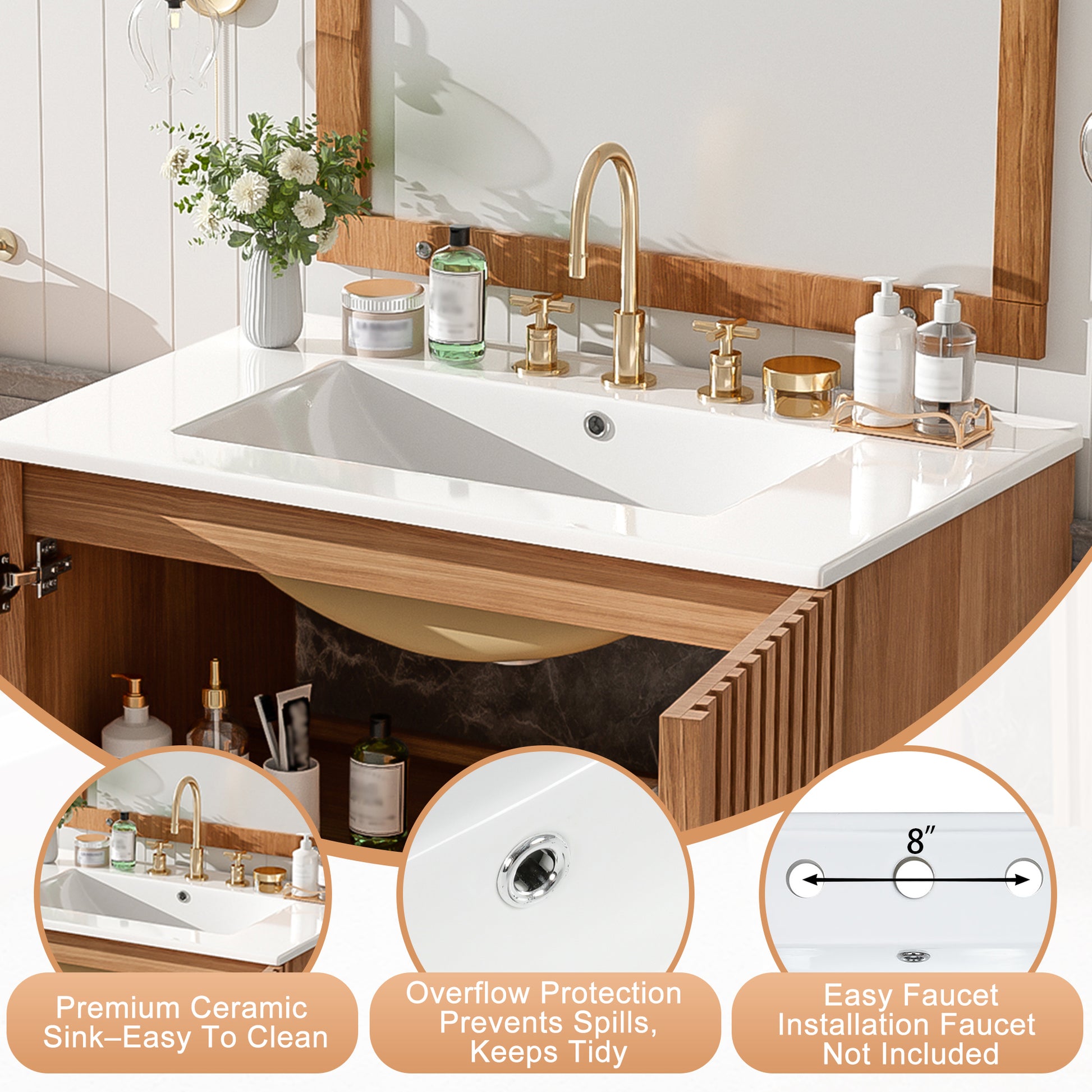 29.9-inch Traditional Bathroom Vanity with Ceramic Sink, Solid Wood Legs, MDF U-Shaped Adjustable Shelf, Soft-Close Doors, and Space-Saving Storage image 6