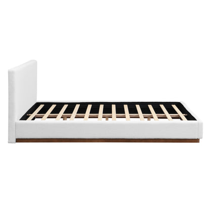 Elegant White Fabric Upholstered Bed With Nice Wood Grain Textured Brown Solid Wood Base Frame,White,Queen image 5
