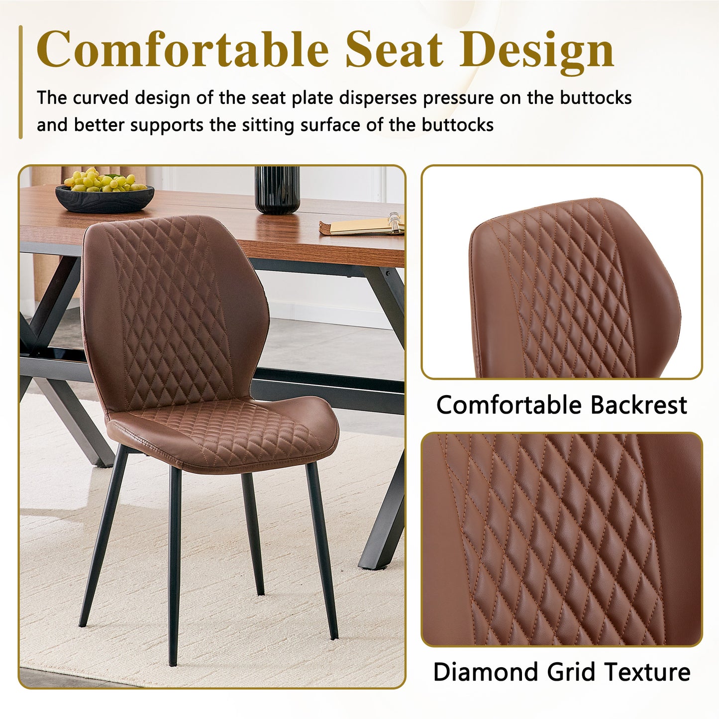 Set of 4 modern light luxury brown diamond-quilted PU chairs with black metal legs. Suitable as upholstered dining chairs with backrests for dining rooms, adaptable to a wide range of scenarios. image 10