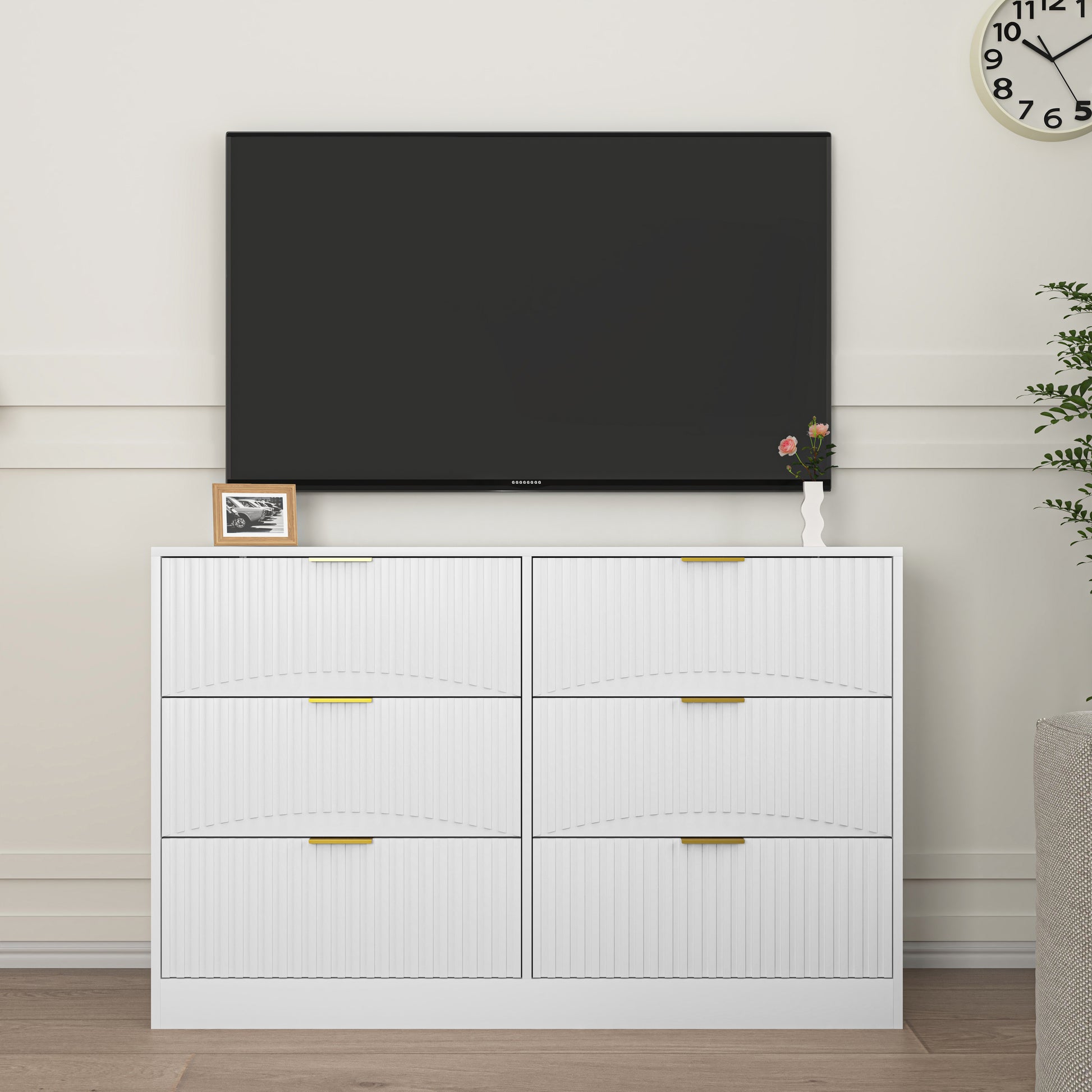 Modern 6-Drawer Dresser, Chest of Drawers for Bedroom, Living Room, Hallway, and Entryway - Large Storage Cabinet, White,Drawer panel with wavy patterns image 4