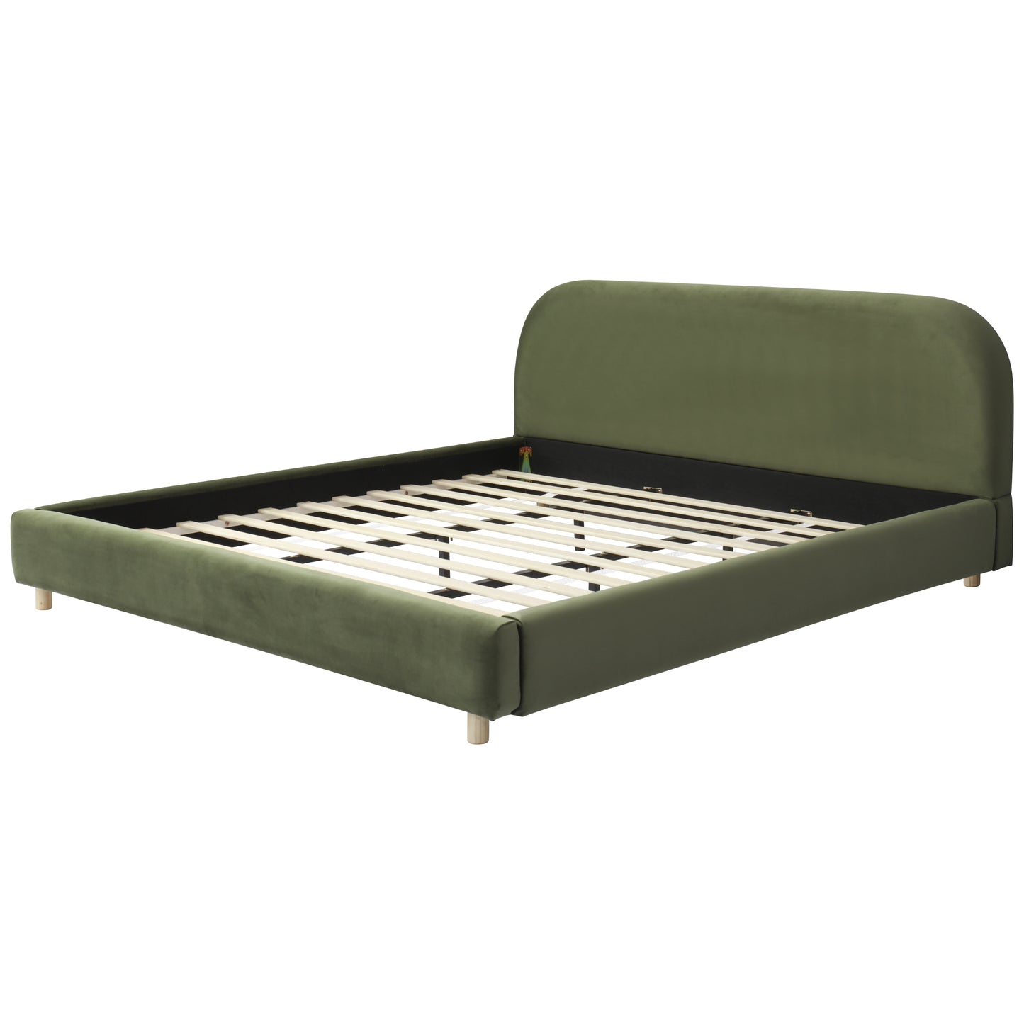 California King Size Upholstered Bed Frame With Velvet Fabric And Curve Design Thick Headboard, Solid Wood Legs, Olive Green image 8