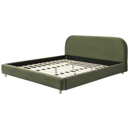 California King Size Upholstered Bed Frame With Velvet Fabric And Curve Design Thick Headboard, Solid Wood Legs, Olive Green image 8
