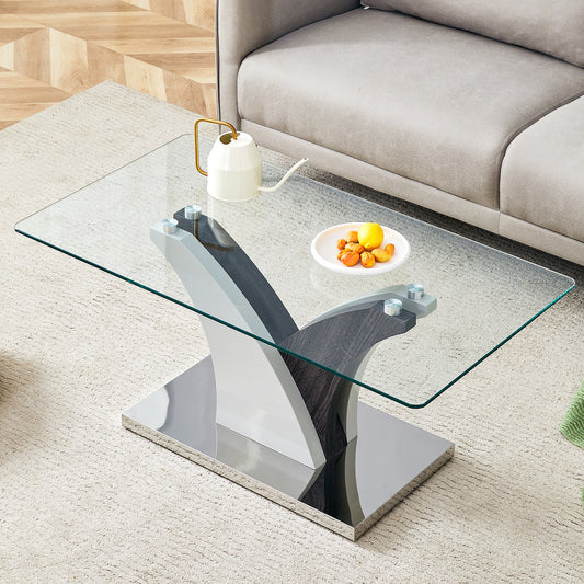 Rectangular Coffee Table.Tempered glass countertop, and artistic MDF legs,perfect for hosting dinners, conferences, home, and office decorations.WHITE and GRAY,Dining table,Tea Table.Coffee Table. image 1