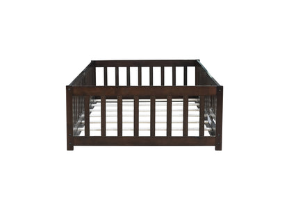 Twin Size Floor Bed with Fence and Door,Rubber Wood Floor Bed with Safety Guardrails,Espresso (Old Sku W504P286375) image 6