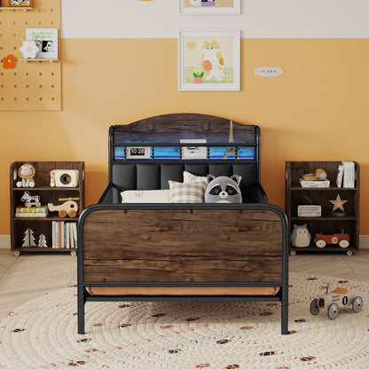 Twin Size Metal Platform Bed Frame with Light, Kids Twin Metal Bed with Upholstered and Pull Out Storage Shelves, Black (Expect Arrival Date 2025/10/5) image 2