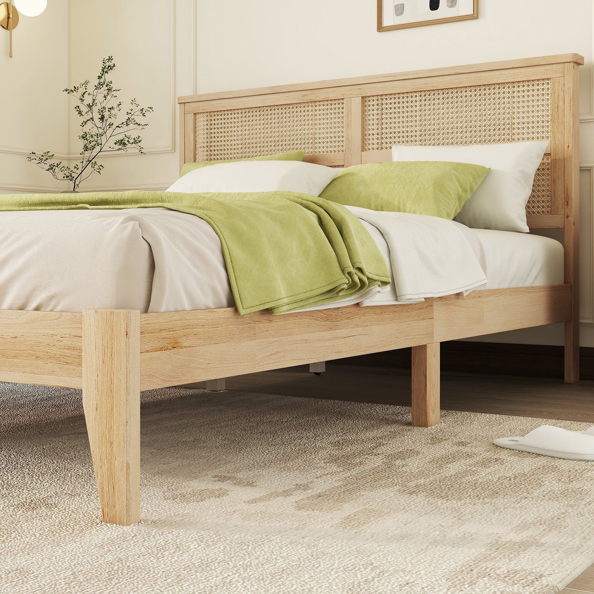 Queen Size Rubber Wooden, Solid Wooden Bed with Rattan Headboard, Enhanced by Support Feet,Natural image 9