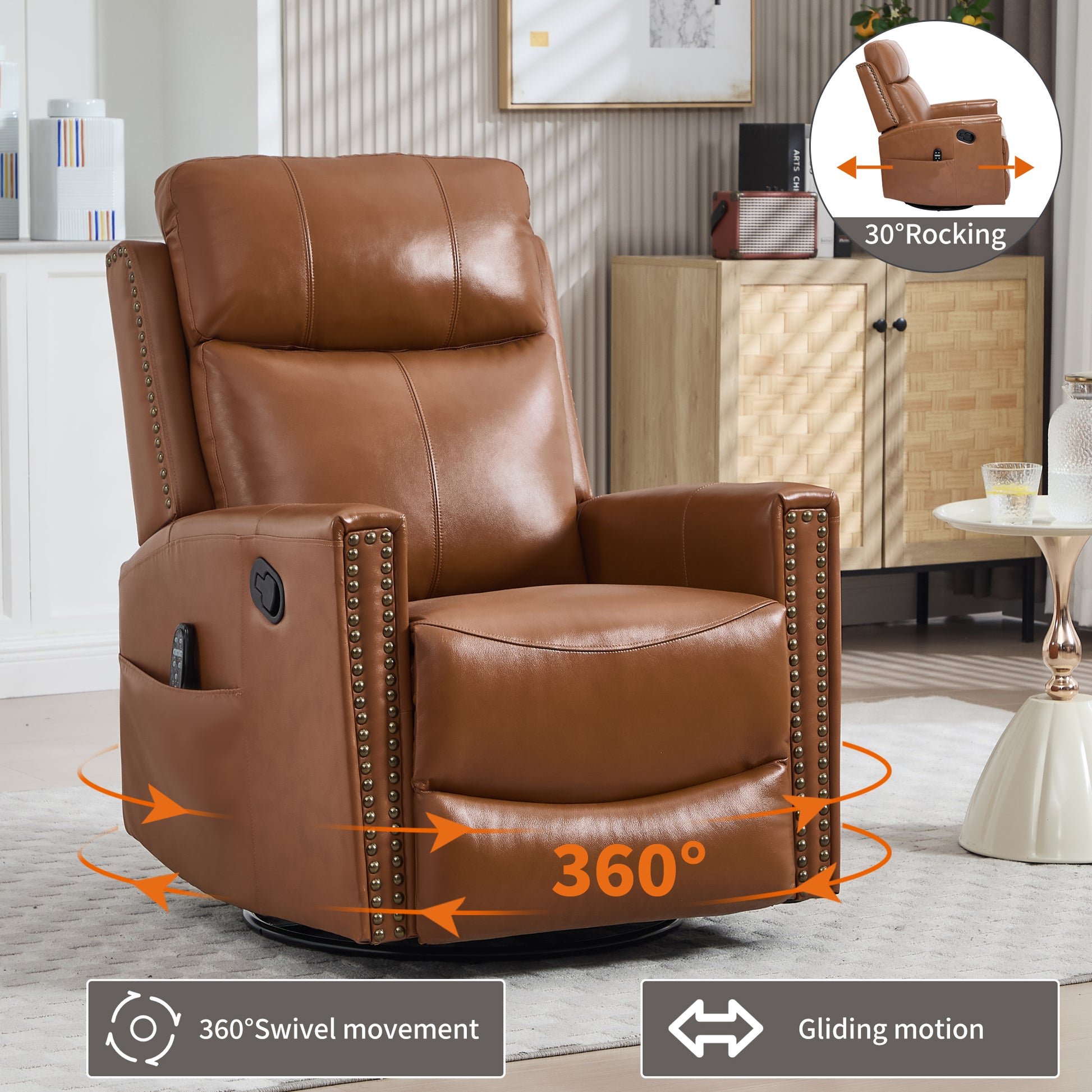Deep Yellow Genuine Leather Heat Massage Manual Recliner Chair with Rocker and Swivel for Living Room image 4