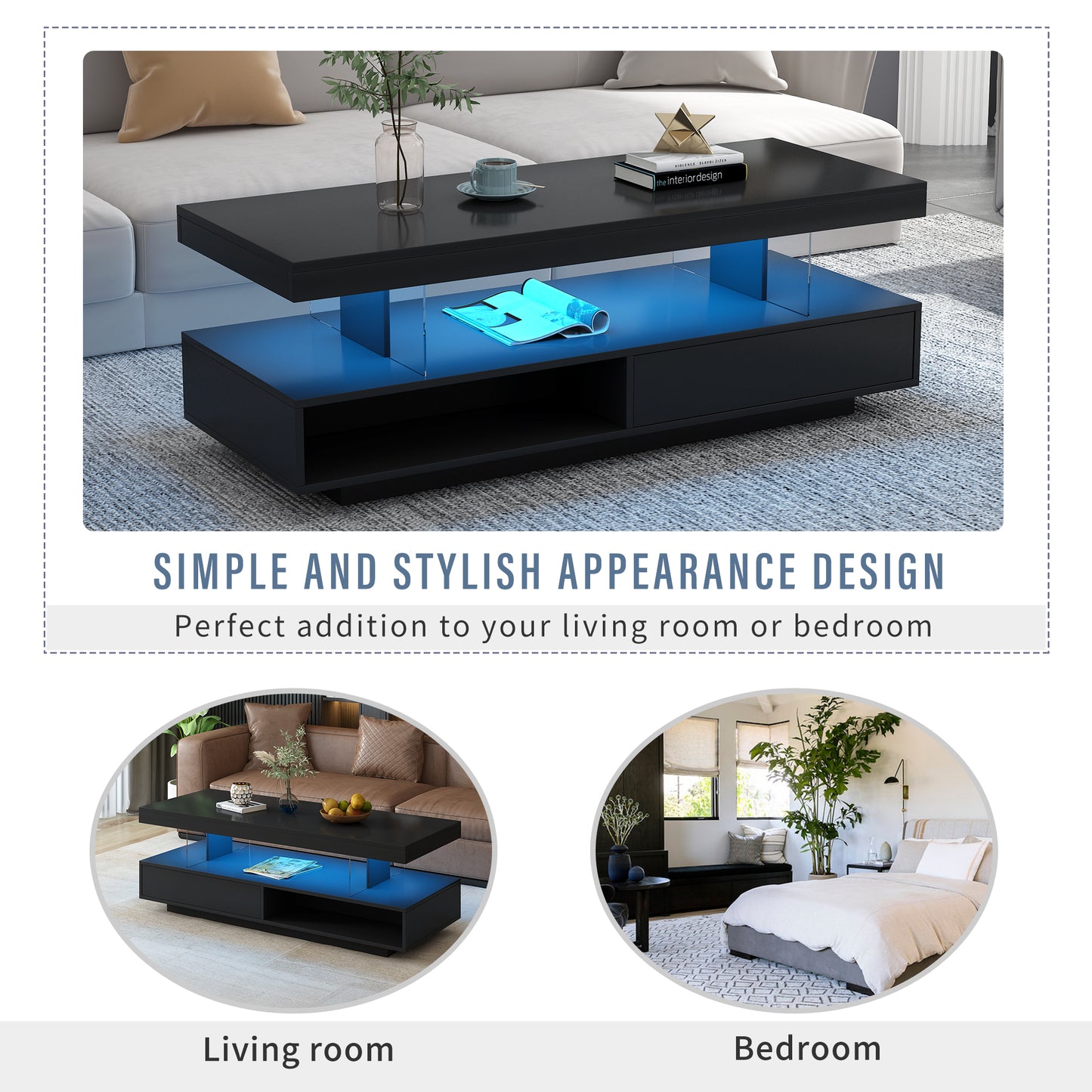 VIBE HAUS LED Coffee Table with Storage, Modern Center Table with 2 Drawers and Display Shelves, Accent Furniture with LED Lights for Living Room,Black image 6