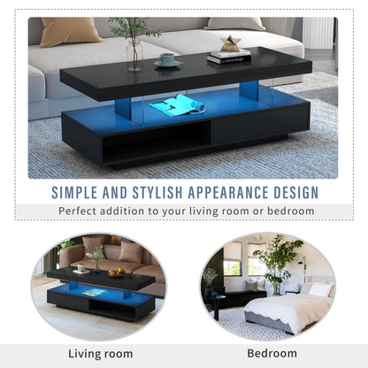 VIBE HAUS LED Coffee Table with Storage, Modern Center Table with 2 Drawers and Display Shelves, Accent Furniture with LED Lights for Living Room,Black image 6