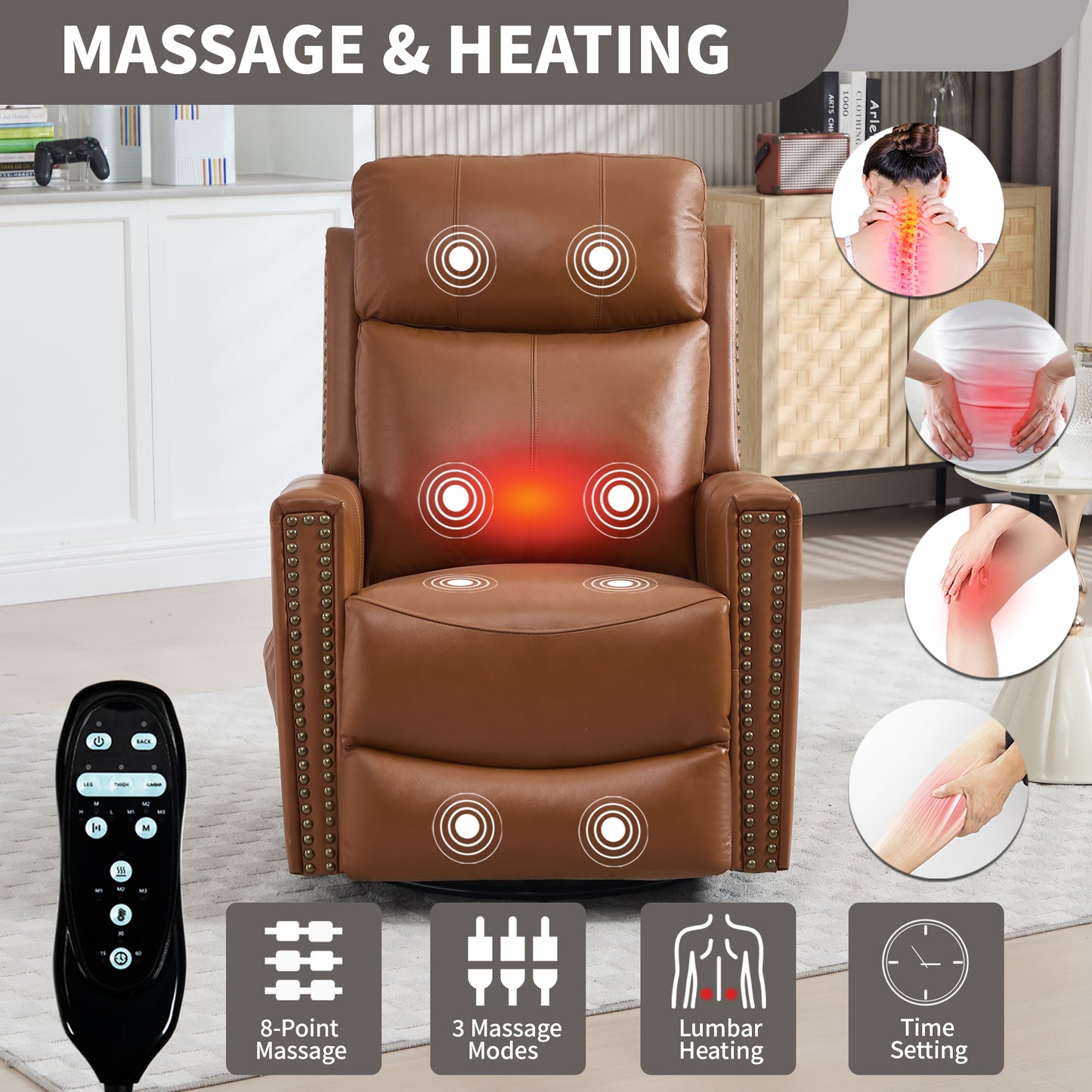 Deep Yellow Genuine Leather Heat Massage Manual Recliner Chair with Rocker and Swivel for Living Room image 8