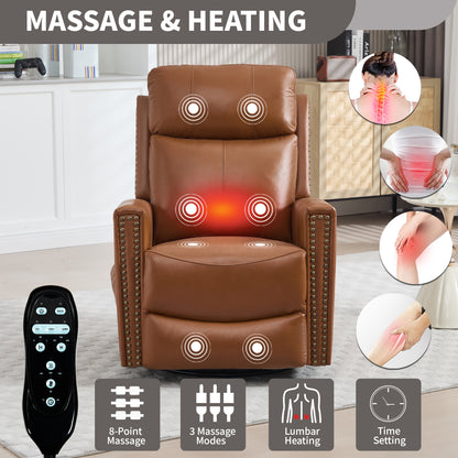 Deep Yellow Genuine Leather Heat Massage Manual Recliner Chair with Rocker and Swivel for Living Room image 8