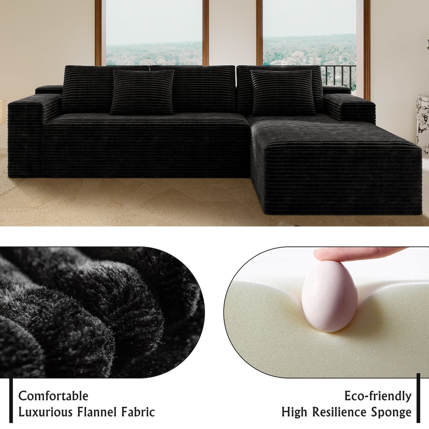 104.3*68.9"Modular sectional sofa seat,Upholstered compressed couch for living room,Bedroom,Apartment,No assembly required,2PC free combination,Plush corduroy fabric,BLACK image 4