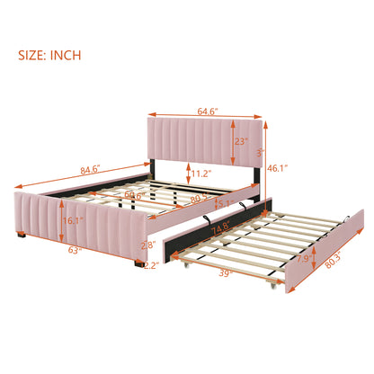 Queen Size Velvet Upholstered Platform Bed with Twin XL Size Trundle, Pink image 6