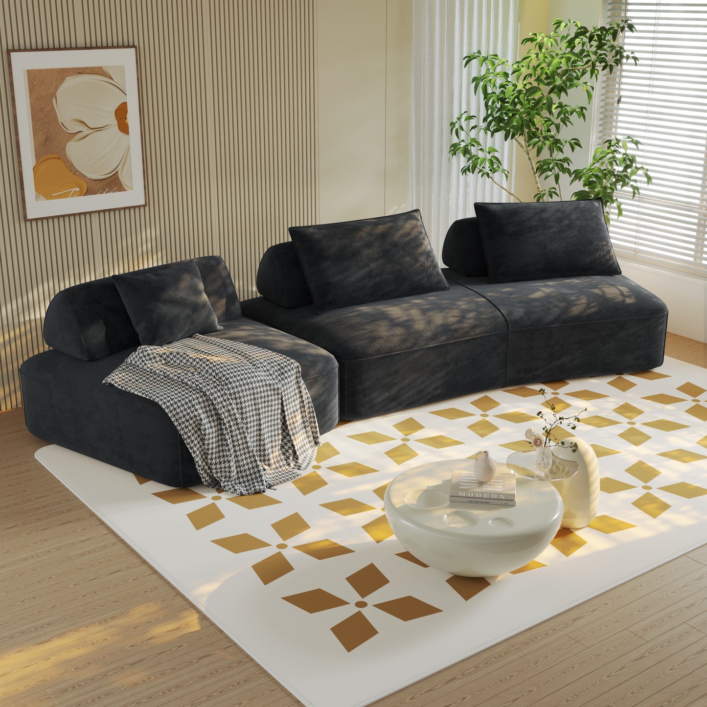139" Modern Light Luxury Oversized Modular Sectional Sofa Set,DIY Upholstered Fluffy Chenille Sofa with Removable Backrests and Soft Pillows,Deep Seat Couch & Sofa Bed for Living Room,Office,Dark Grey image 3