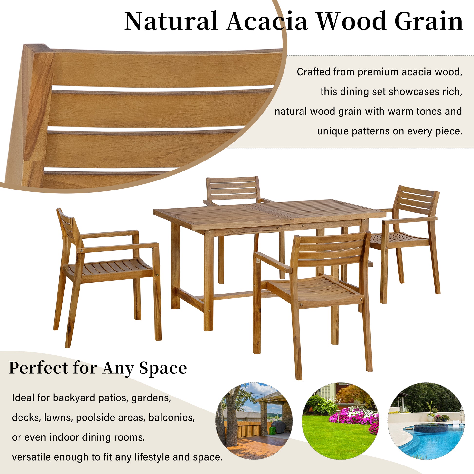 U_STYLE 5-Piece Outdoor Acacia Wood Outdoor Dining Set of 4,59.06-Inch Rectangular Table with Umbrella Hole,Suitable for Patio, Lawn, Garden, Poolside, & Indoor Use image 6