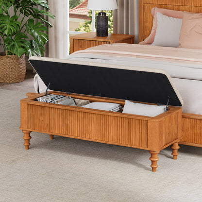 50.8-inch Multi-Functional Storage Ottoman Bench-Solid Rubberwood Bed End Bench with Linen Seat, Storage Bench for Bedroom, Entryway Shoe Organizer for Bedroom, Living Room, Entryway, Closet, Natural image 2