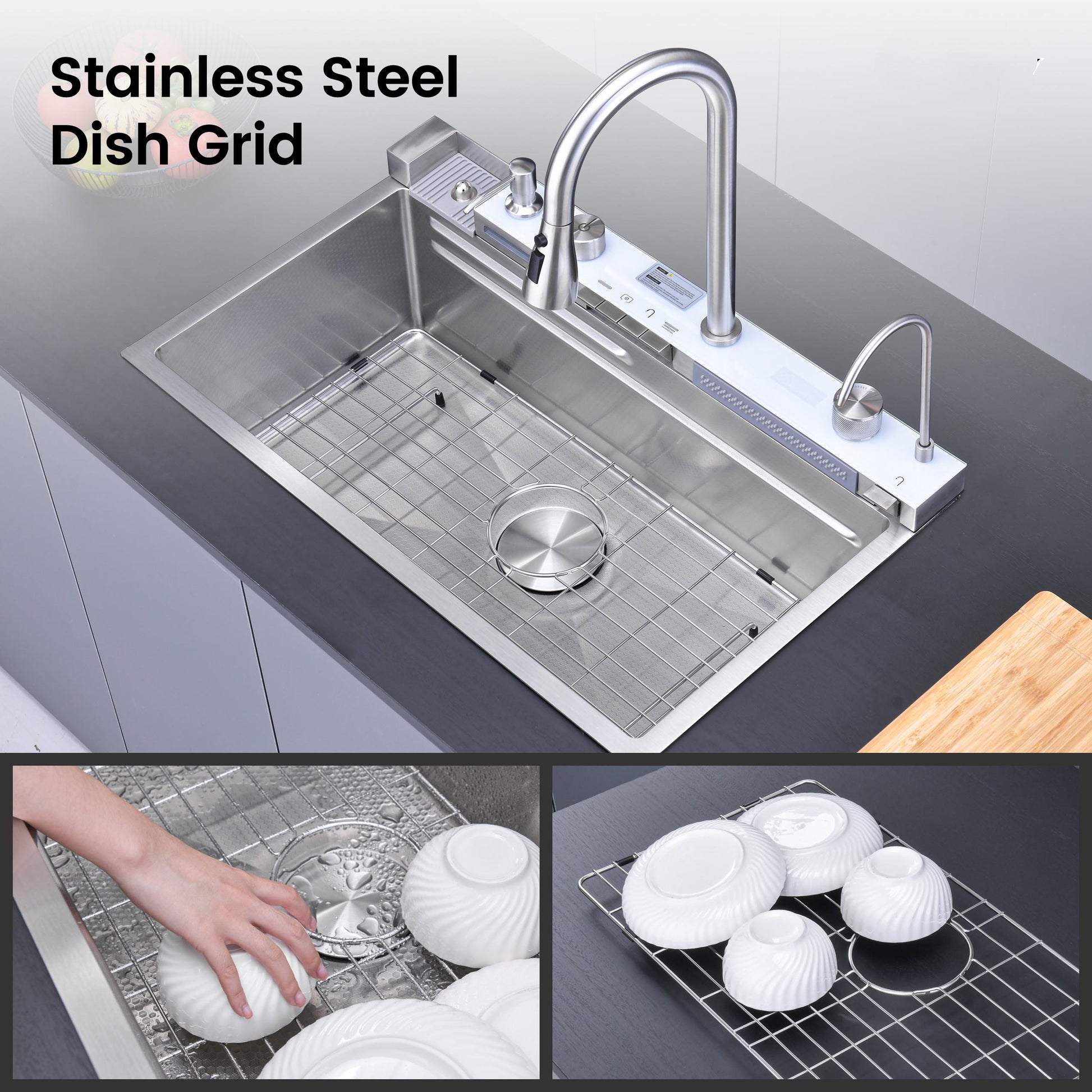 Pull-out Faucet Single Bowl Sink Kitchen Vegetable Sink 304 30"x18" Whale Waterfall Sink Stainless Steel Dish Sink wIth Dishwasher Accessories Household Vegetable Washing Basin, Dark Gray image 8