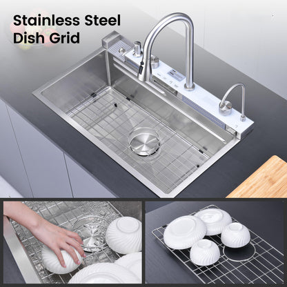 Pull-out Faucet Single Bowl Sink Kitchen Vegetable Sink 304 30"x18" Whale Waterfall Sink Stainless Steel Dish Sink wIth Dishwasher Accessories Household Vegetable Washing Basin, Dark Gray image 8