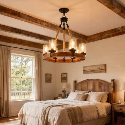 23.62 INCH Round Wood Pendant Light with Seeded Glass Shade, Rustic 6-Light Wagon Wheel Chandelier,Farmhouse Chandeliers for Dining Room Kitchen Island Foyer Entryway (8 Light)--NO INCLUDED BULBS image 11