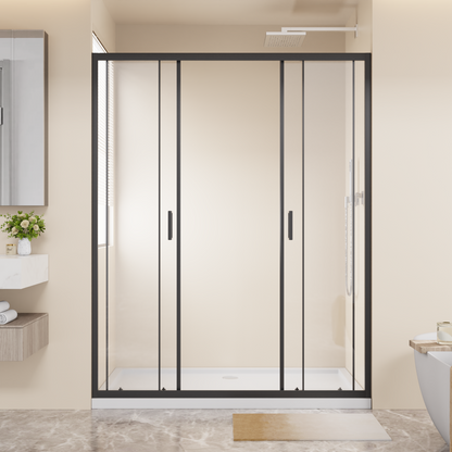 Framed Shower Sliding Door 60"x72", 4-Panel Center Opening Double Sliding Shower Door, 1/4" (6mm) Tempered Glass, Aluminum Frame with Stainless Steel Handles & Smooth Double Rollers, Black image 2