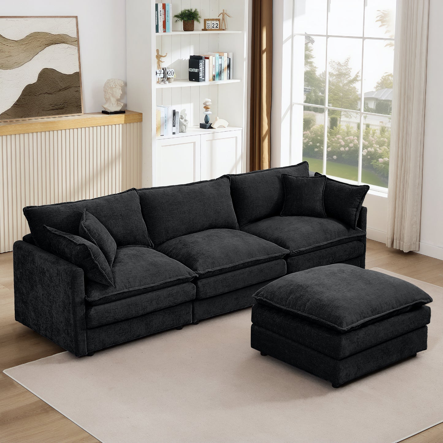 Modular Sectional Sofa, 102 Inch L Shaped Couch Set for Living Room, 3-Seater Comfy Cloud Couches with Movable Ottoman, DIY Combination, Chenille, Black image 2