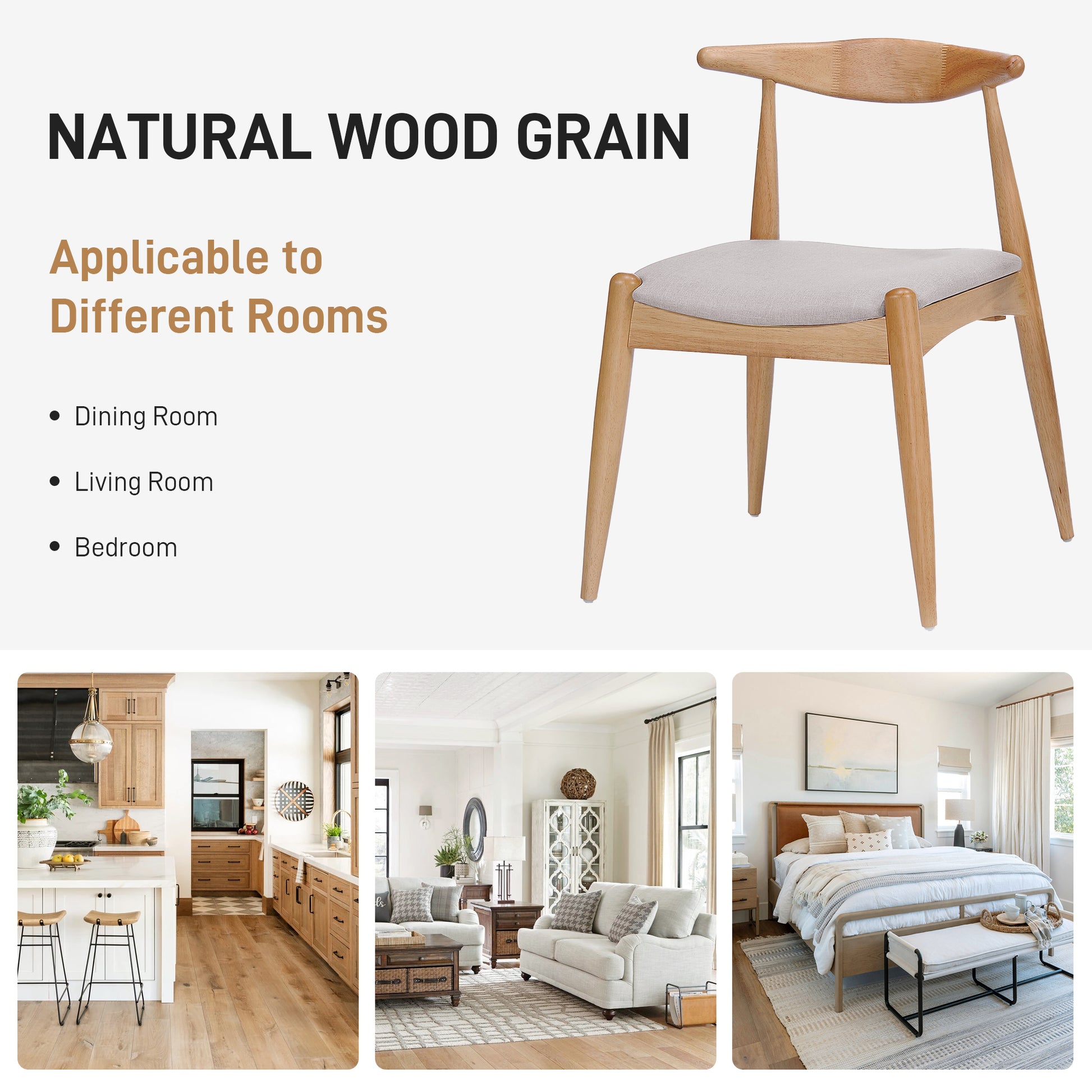 Set of 2 Rubberwood Dining Chairs with Ergonomic Backrest & Comfort Cushions, Natural+Beige (same sku: 59296.00FBEI) image 3