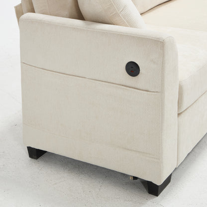 Modern Storage Sofa with Dual USB, 2 Side Pockets,Ottoman Storage Bench Cloud Sectional Chenille Sofa Oversized,4-Seat, L-Shaped Couch,Beige image 11