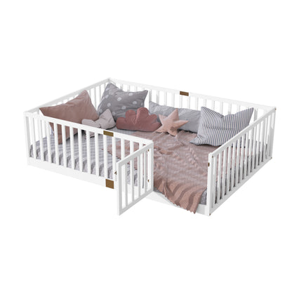 Full Size Floor Bed with High Fence Railings, with Door,6 Slats Included, Rubber Wood Floor Bed with Safety Guardrails,White image 7