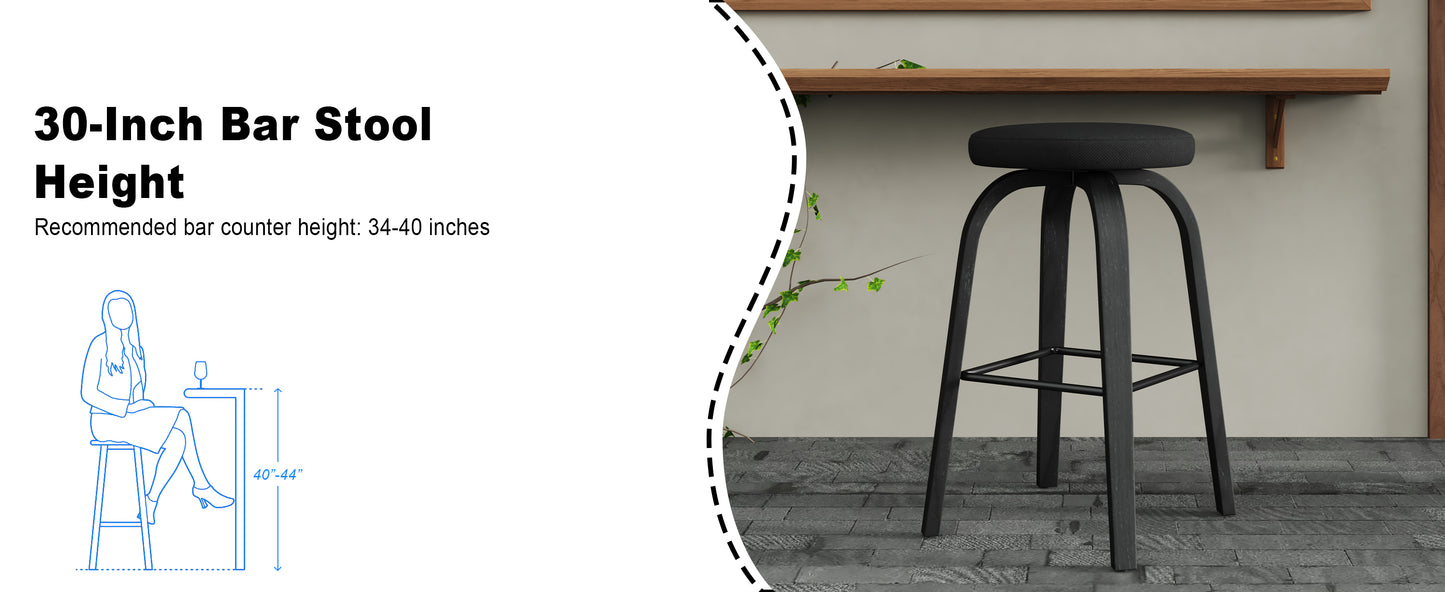 Swivel Bar Stools Set of 2, Bar Height Backless 30″ Bar Stool, Fabric Upholstered Seat, Sturdy Wood Legs and Metal Footrest, Mid-Century Modern Island Stools for Home Bars, Restaurants, All-black image 3