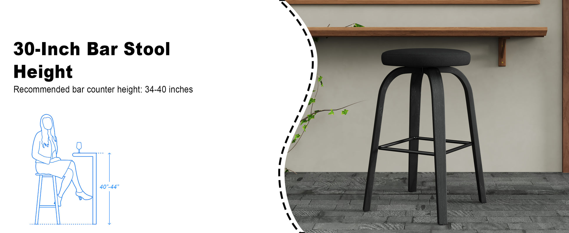 Swivel Bar Stools Set of 2, Bar Height Backless 30″ Bar Stool, Fabric Upholstered Seat, Sturdy Wood Legs and Metal Footrest, Mid-Century Modern Island Stools for Home Bars, Restaurants, All-black image 3
