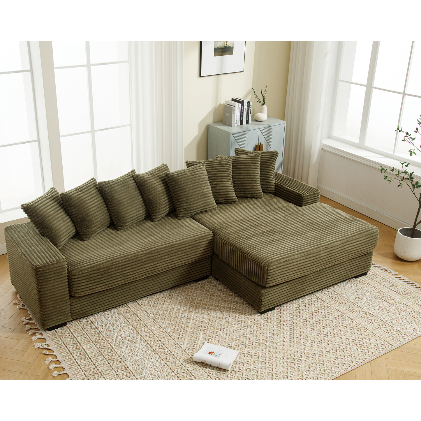 [NEW ARRIVED] [VIDEO PROVIDED] Oversized Two-Piece Couches, L Shaped Sofa, Corduroy, Right Chaise Daybed,with Armrests,Eight Throw Pillows,Corner Sofa,Easy To Assemble, Green image 10