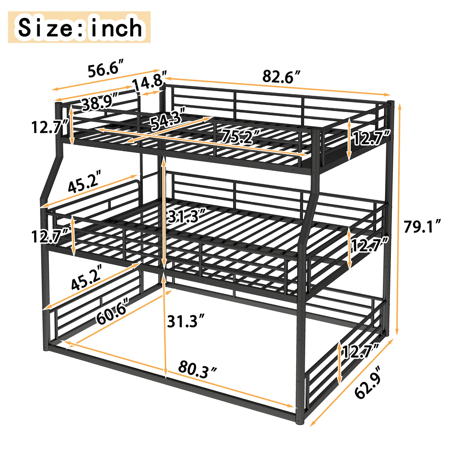 Full XL over Queen over Queen Bunk Bed, Metal Triple Bunk Bed with Safety Guardrails, Heavy-duty Bunk Bed with Noise-reduced Design, Black image 3