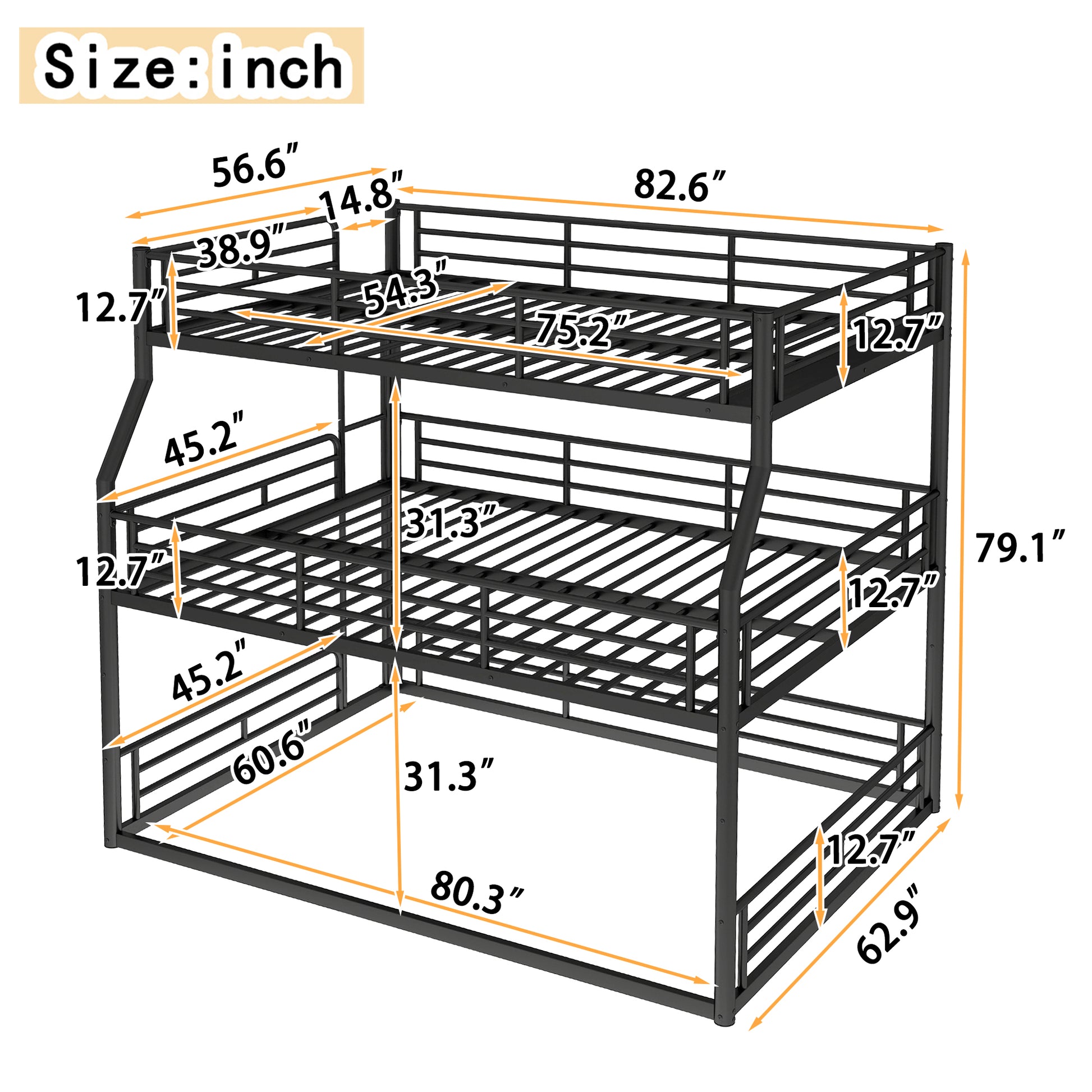 Full XL over Queen over Queen Bunk Bed, Metal Triple Bunk Bed with Safety Guardrails, Heavy-duty Bunk Bed with Noise-reduced Design, Black image 3