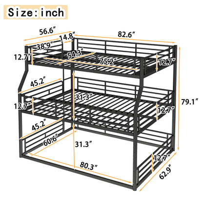 Full XL over Queen over Queen Bunk Bed, Metal Triple Bunk Bed with Safety Guardrails, Heavy-duty Bunk Bed with Noise-reduced Design, Black image 3