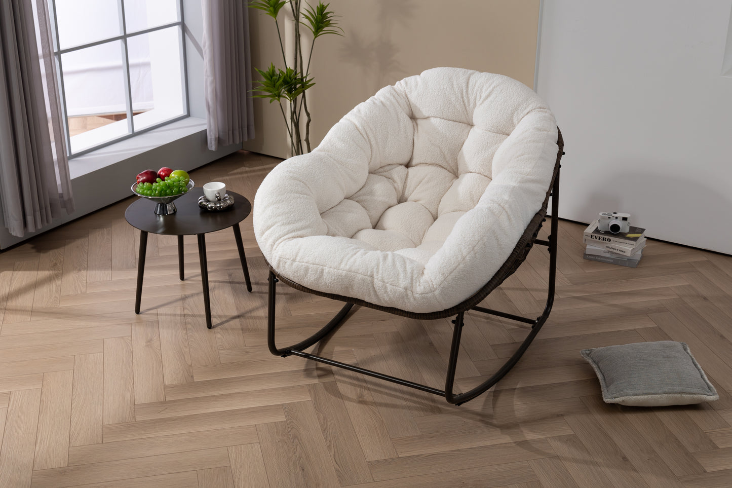 Outdoor Rattan Rocking Chair,Padded Cushion Rocker Recliner Chair Outdoor for Front Porch, Living Room, Patio, Garden, White image 8