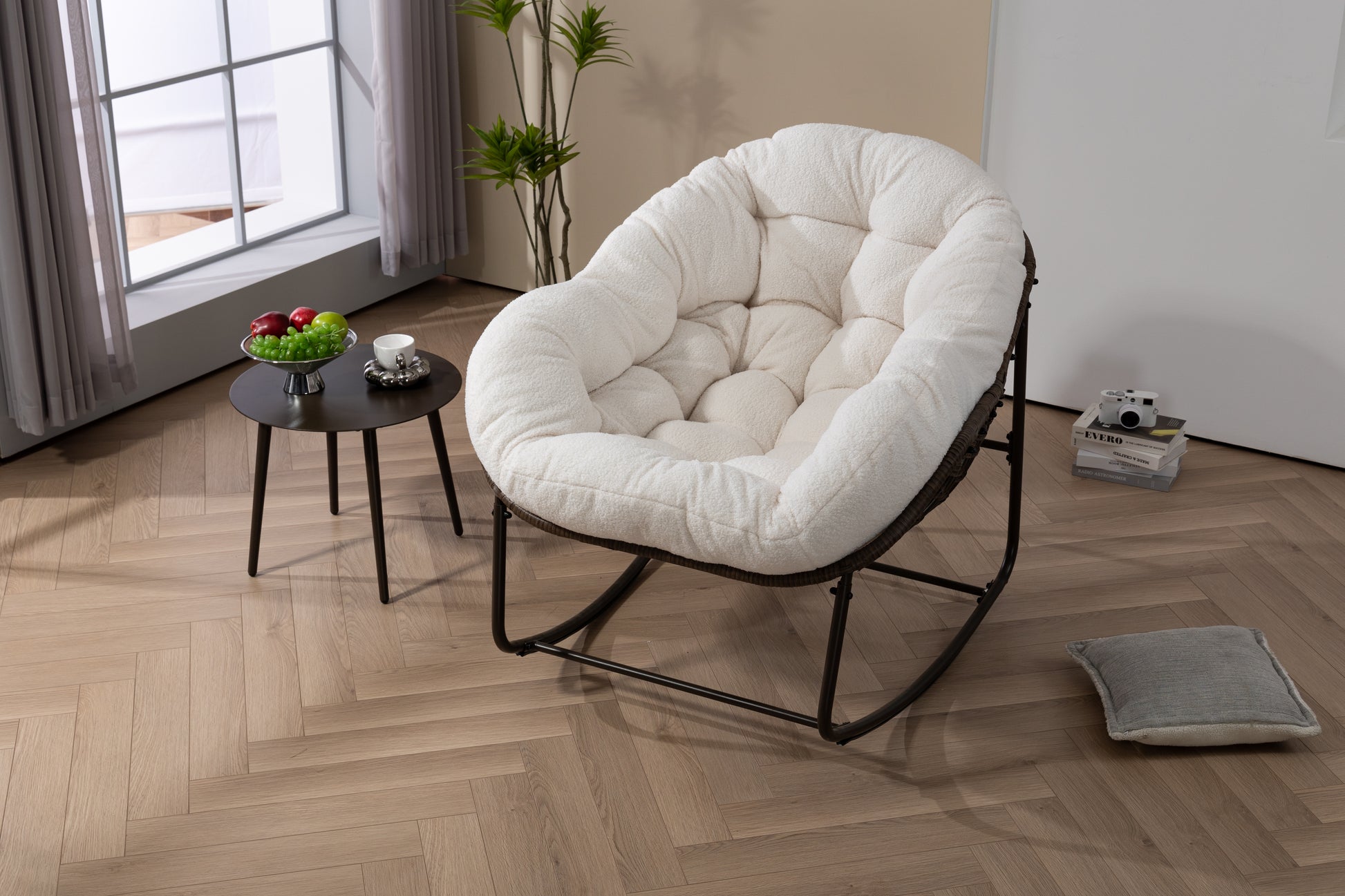 Outdoor Rattan Rocking Chair,Padded Cushion Rocker Recliner Chair Outdoor for Front Porch, Living Room, Patio, Garden, White image 8