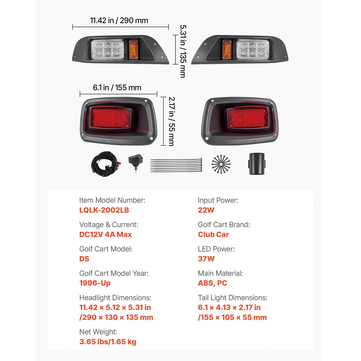 12 Volt Golf Cart LED Headlight Tail Light Kit For Club Car DS 1993-Up Models image 4