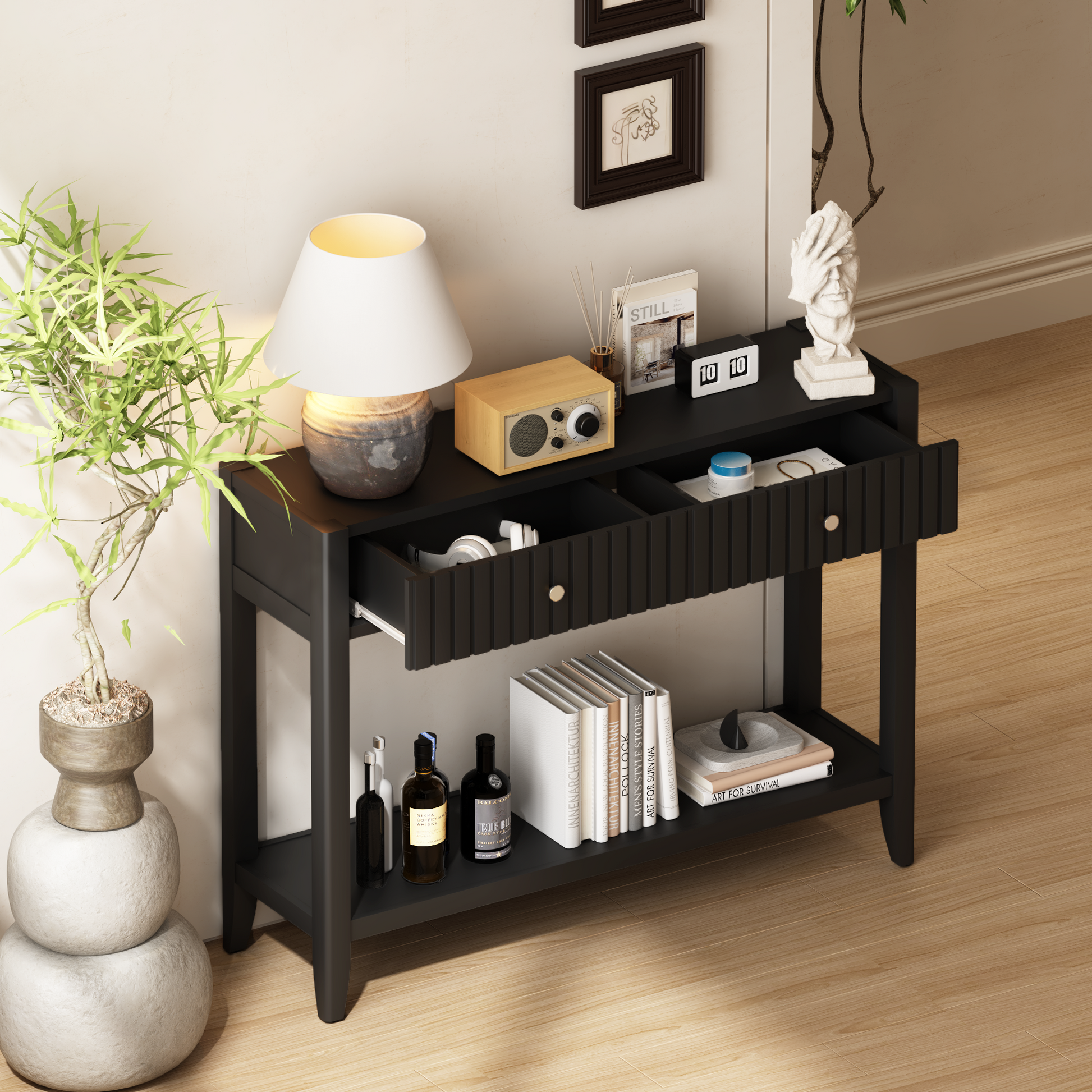 29.53" Tall Console Table with Drawers, Narrow Wood Accent Sofa Table Entryway Table with Storage Shelf for Entryway, Front Hall, Hallway, Living Room, Black image 8