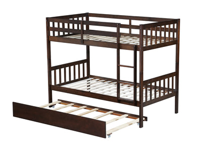 Twin Over Twin Rubber Wood Bunk Bed with Trundle, Convertible into Twin Size Beds, Twin Size Bunk Bed with Ladder and Safety Guardrails,Espresso image 5