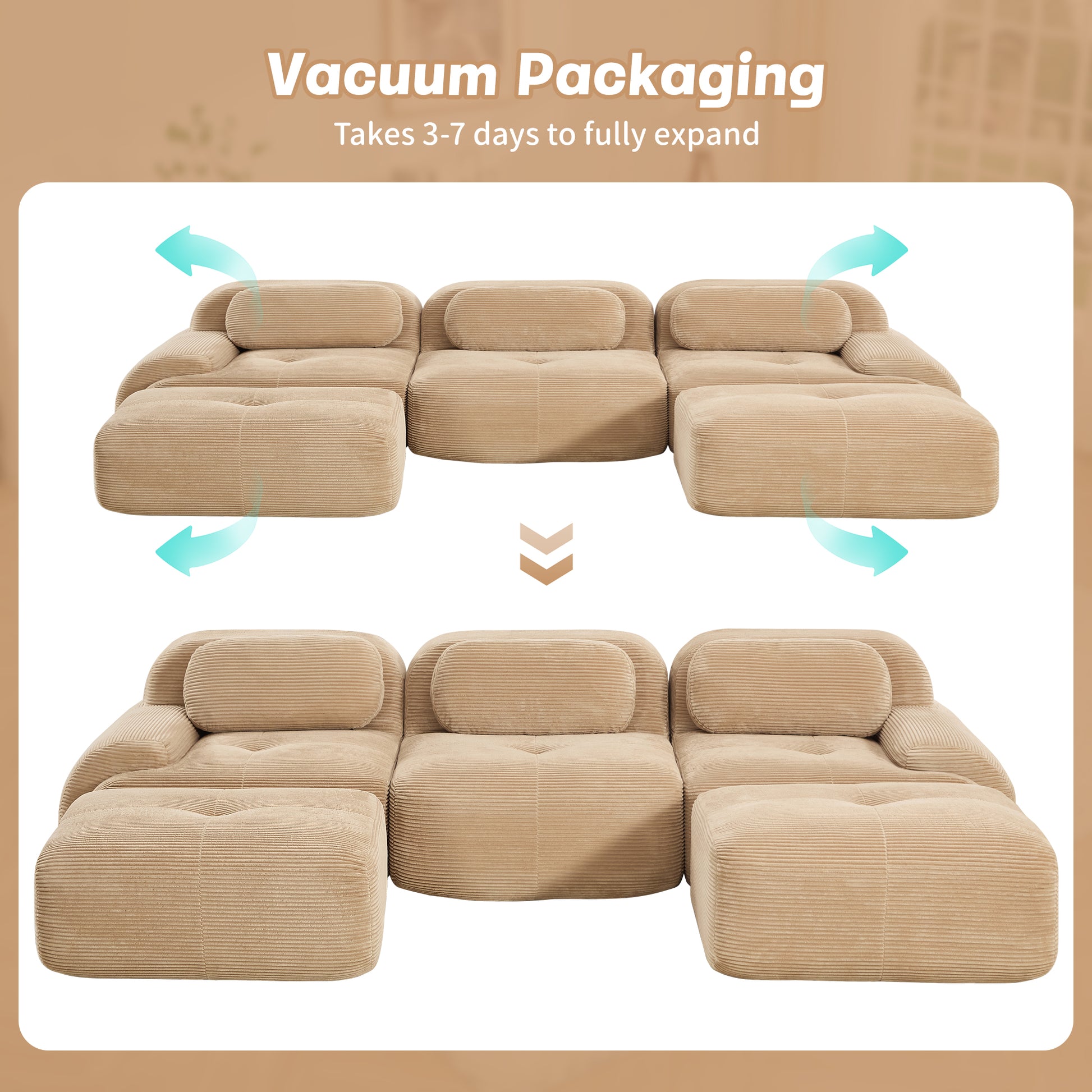 U-shaped modular sofa premiumCorduroy Fabric fabric no assembly anti-slip design pet-friendly extra-wide curved armrests 32D high-resilience sponge for living rooms bedrooms studie,Camel image 12