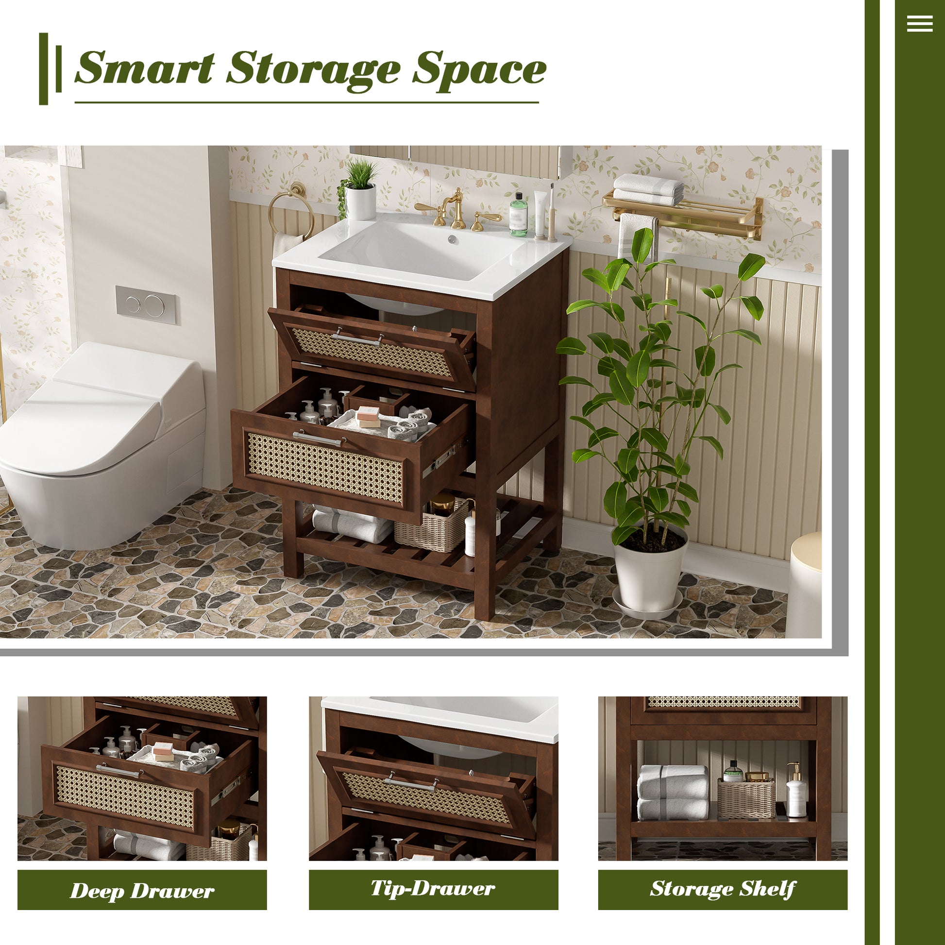 24" Bathroom Vanity with Integrated Ceramic Sink, Bathroom Cabinet with 1 Deep Drawer, 1 Tip-Out Drawer, Single Sink Bathroom Vanity for Small and Medium Restroom image 7
