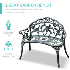 Outsunny Outdoor Bench, Cast Aluminum Outdoor Furniture, Metal Bench with Floral Rose Accent & Antique Finish, Green