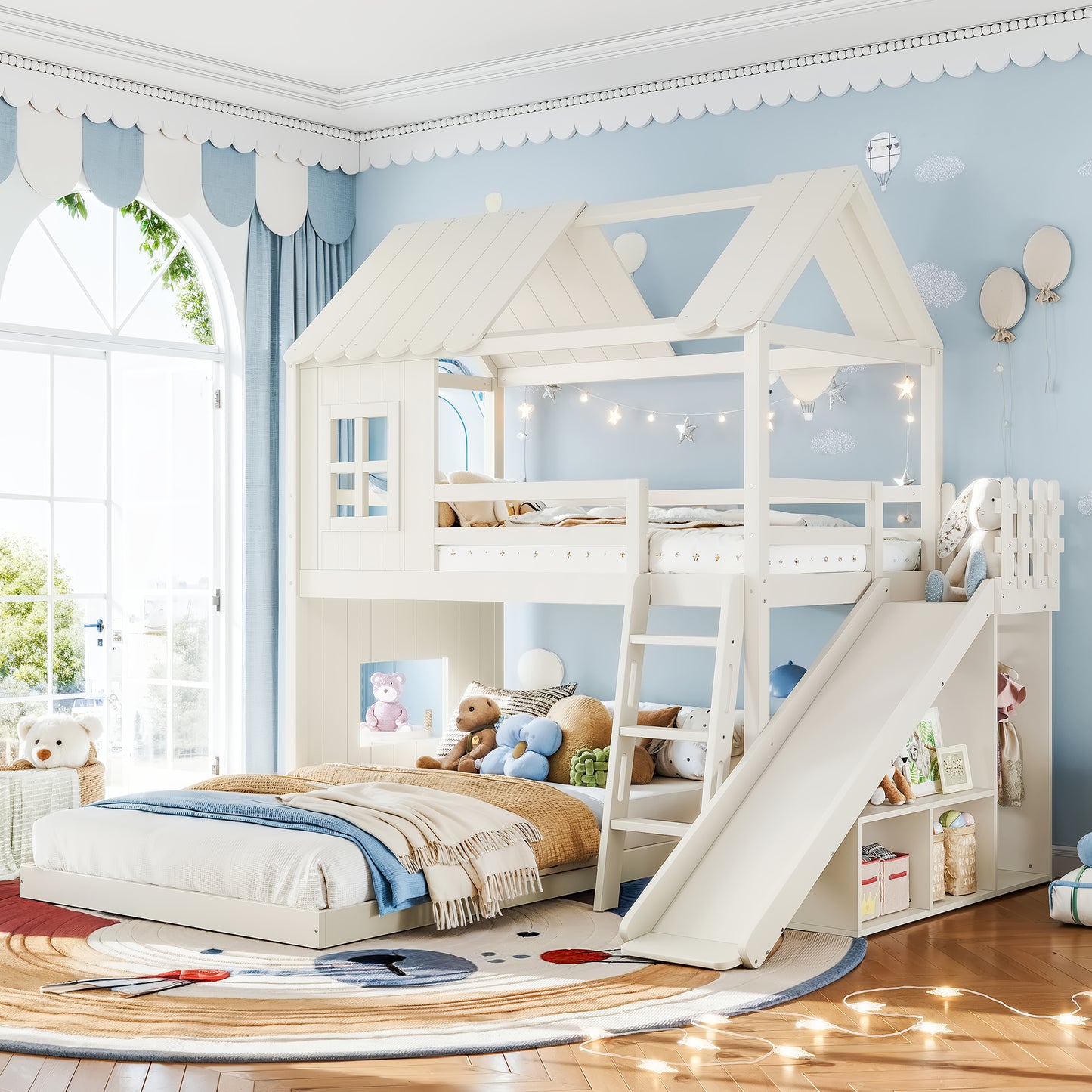 Twin over Full House Bunk Bed with Ladders and Slides, House Floor Bunk Bed with Storage Shelves and Wardrobe, Playhouse Design,Beige image 1