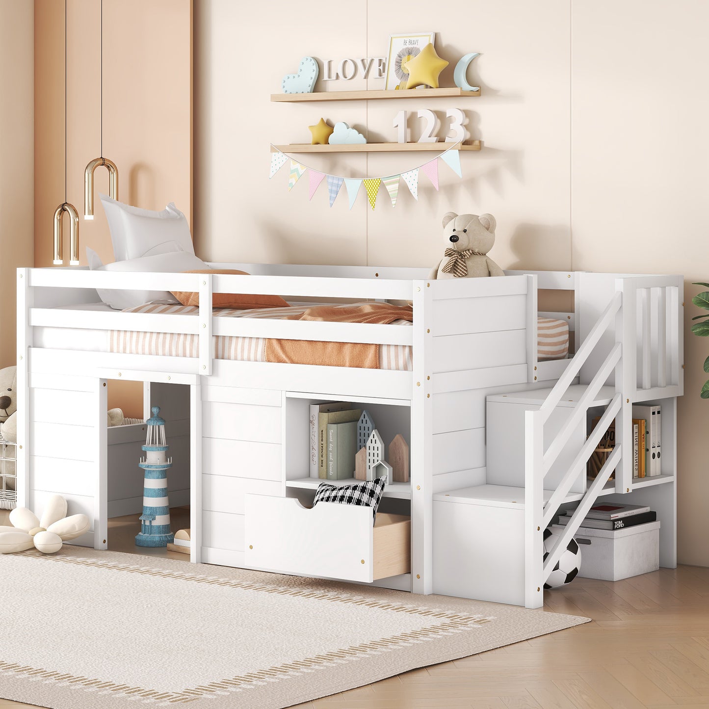 TWIN BED, SOLID WOOD TWIN SIZE LOW LOFT BED WITH STAIR, DRAWER, AND SHELF OF WHITE COLOR image 1