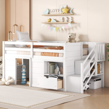 TWIN BED, SOLID WOOD TWIN SIZE LOW LOFT BED WITH STAIR, DRAWER, AND SHELF OF WHITE COLOR image 1