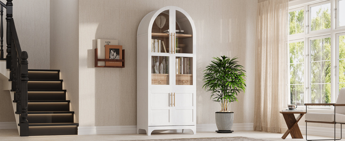 K&K 71" Tall Arched Kitchen Pantry Cabinet with Door Shelves, Farmhouse Kitchen Storage Cabinet with Open & Adjustable Shelves, Hidden Drawer & Glass Door, Cupboard for Kitchen, Dining Room, White image 11