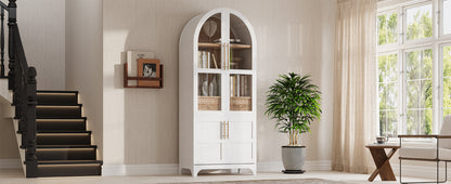 K&K 71" Tall Arched Kitchen Pantry Cabinet with Door Shelves, Farmhouse Kitchen Storage Cabinet with Open & Adjustable Shelves, Hidden Drawer & Glass Door, Cupboard for Kitchen, Dining Room, White image 11